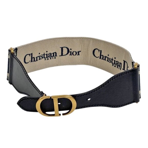 Dior Christian Embroidered Belt Logo Belt Canvas Leather Navy Black